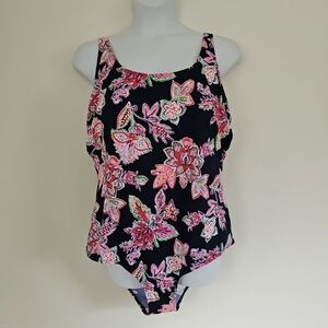 Swim365 Multicolor Floral One Piece Swimsuit Plus Size 28 Round Neck Wide Straps